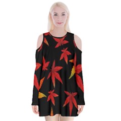 Colorful Autumn Leaves On Black Background Velvet Long Sleeve Shoulder Cutout Dress by Amaryn4rt