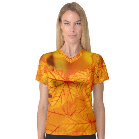 Bright Yellow Autumn Leaves Women s V-neck Sport Mesh Tee by Amaryn4rt