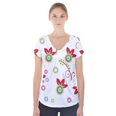 Colorful Floral Wallpaper Background Pattern Short Sleeve Front Detail Top by Amaryn4rt