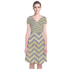 Abstract Vintage Lines Short Sleeve Front Wrap Dress