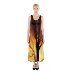 Rays Of Light Tree In Fog At Night Sleeveless Maxi Dress