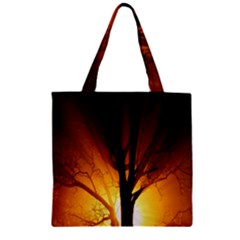 Rays Of Light Tree In Fog At Night Zipper Grocery Tote Bag