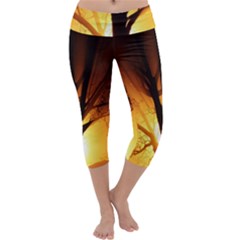 Rays Of Light Tree In Fog At Night Capri Yoga Leggings