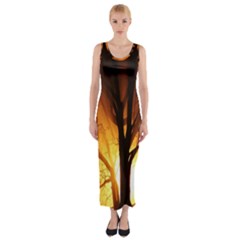 Rays Of Light Tree In Fog At Night Fitted Maxi Dress