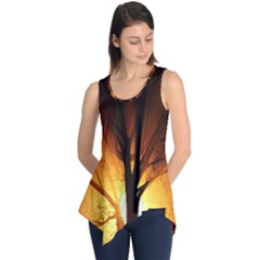 Rays Of Light Tree In Fog At Night Sleeveless Tunic