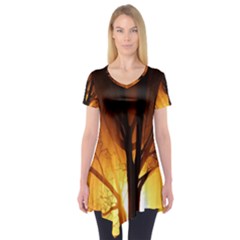 Rays Of Light Tree In Fog At Night Short Sleeve Tunic 