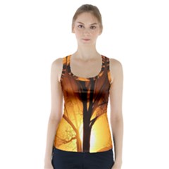 Rays Of Light Tree In Fog At Night Racer Back Sports Top