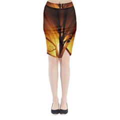 Rays Of Light Tree In Fog At Night Midi Wrap Pencil Skirt