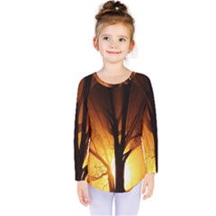 Rays Of Light Tree In Fog At Night Kids  Long Sleeve Tee