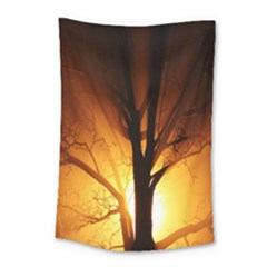 Rays Of Light Tree In Fog At Night Small Tapestry