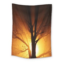 Rays Of Light Tree In Fog At Night Medium Tapestry