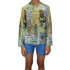 Old Newspaper And Gold Acryl Painting Collage Kids  Long Sleeve Swimwear by EDDArt