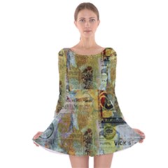 Old Newspaper And Gold Acryl Painting Collage Long Sleeve Velvet Skater Dress by EDDArt