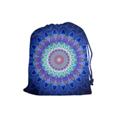 Power Flower Mandala   Blue Cyan Violet Drawstring Pouches (large)  by EDDArt