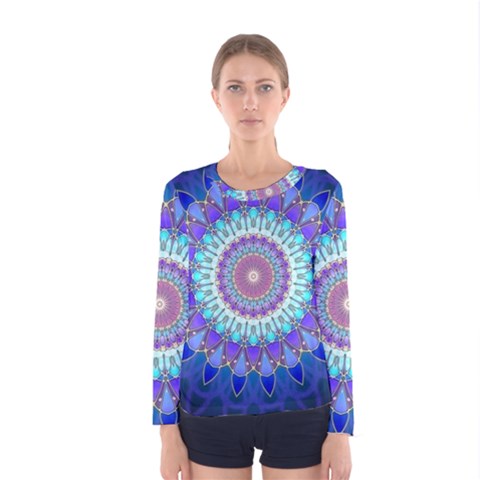 Power Flower Mandala   Blue Cyan Violet Women s Long Sleeve Tee by EDDArt