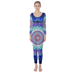 Power Flower Mandala   Blue Cyan Violet Long Sleeve Catsuit by EDDArt