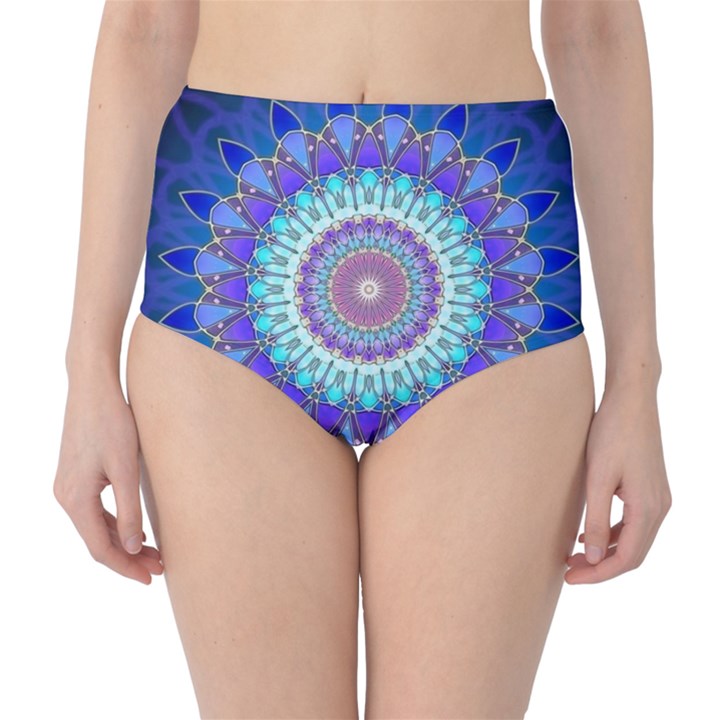 Power Flower Mandala   Blue Cyan Violet High-Waist Bikini Bottoms