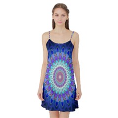 Power Flower Mandala   Blue Cyan Violet Satin Night Slip by EDDArt