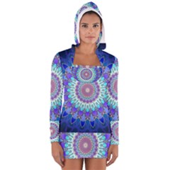 Power Flower Mandala   Blue Cyan Violet Women s Long Sleeve Hooded T-shirt by EDDArt