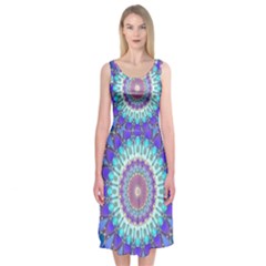 Power Flower Mandala   Blue Cyan Violet Midi Sleeveless Dress by EDDArt