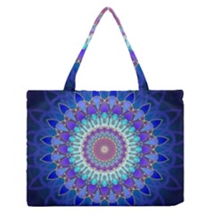 Power Flower Mandala   Blue Cyan Violet Medium Zipper Tote Bag by EDDArt