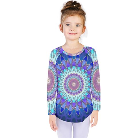 Power Flower Mandala   Blue Cyan Violet Kids  Long Sleeve Tee by EDDArt