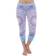 India Mehndi Style Mandala   Cyan Lilac Capri Winter Leggings  by EDDArt