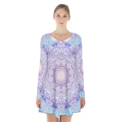 India Mehndi Style Mandala   Cyan Lilac Long Sleeve Velvet V-neck Dress by EDDArt