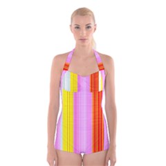 Multi Colored Bright Stripes Striped Background Wallpaper Boyleg Halter Swimsuit  by Amaryn4rt