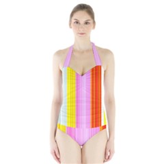 Multi Colored Bright Stripes Striped Background Wallpaper Halter Swimsuit by Amaryn4rt