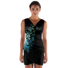 Blue And Green Feather Collier Wrap Front Bodycon Dress