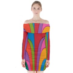 Modern Abstract Colorful Stripes Wallpaper Background Long Sleeve Off Shoulder Dress