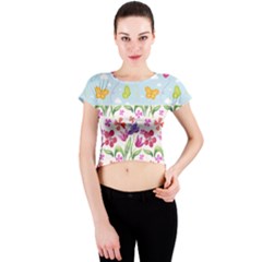 Watercolor Flowers And Butterflies Pattern Crew Neck Crop Top by TastefulDesigns