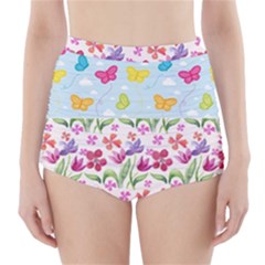 Watercolor Flowers And Butterflies Pattern High-waisted Bikini Bottoms by TastefulDesigns