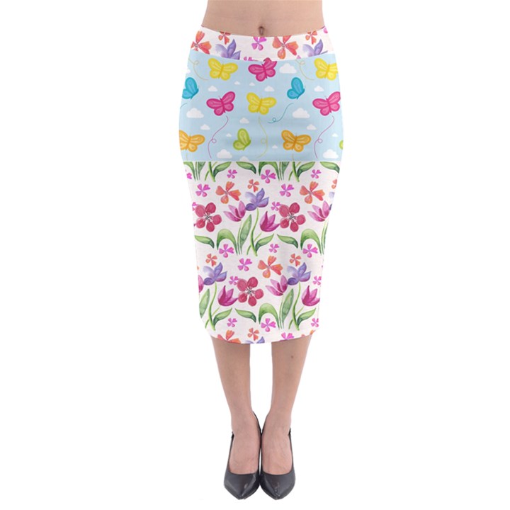 Watercolor flowers and butterflies pattern Midi Pencil Skirt