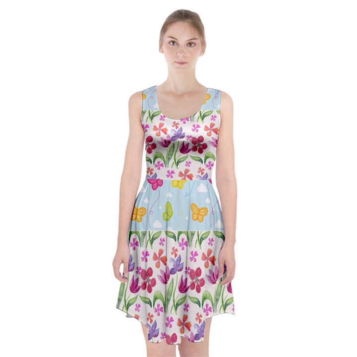 Watercolor flowers and butterflies pattern Racerback Midi Dress