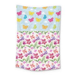 Watercolor Flowers And Butterflies Pattern Small Tapestry