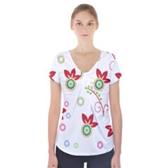 Colorful Floral Wallpaper Background Pattern Short Sleeve Front Detail Top