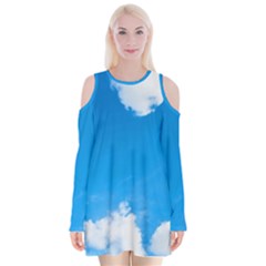 Sky Clouds Blue White Weather Air Velvet Long Sleeve Shoulder Cutout Dress by Simbadda