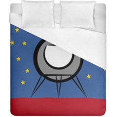 A Rocket Ship Sits On A Red Planet With Gold Stars In The Background Duvet Cover (california King Size) by Simbadda