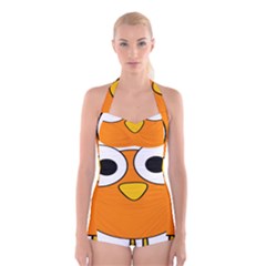 Bird Big Eyes Orange Boyleg Halter Swimsuit 