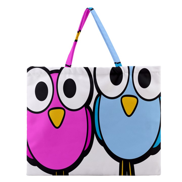 Bird Big Eyes Pink Blue Zipper Large Tote Bag