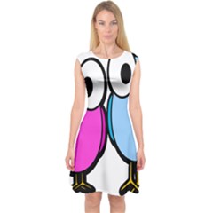 Bird Big Eyes Pink Blue Capsleeve Midi Dress