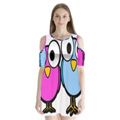 Bird Big Eyes Pink Blue Shoulder Cutout Velvet  One Piece