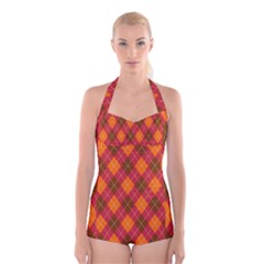 Argyle Pattern Background Wallpaper In Brown Orange And Red Boyleg Halter Swimsuit  by Simbadda