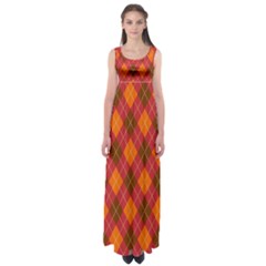 Argyle Pattern Background Wallpaper In Brown Orange And Red Empire Waist Maxi Dress by Simbadda