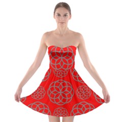Geometric Circles Seamless Pattern On Red Background Strapless Bra Top Dress by Simbadda
