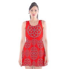 Geometric Circles Seamless Pattern On Red Background Scoop Neck Skater Dress by Simbadda