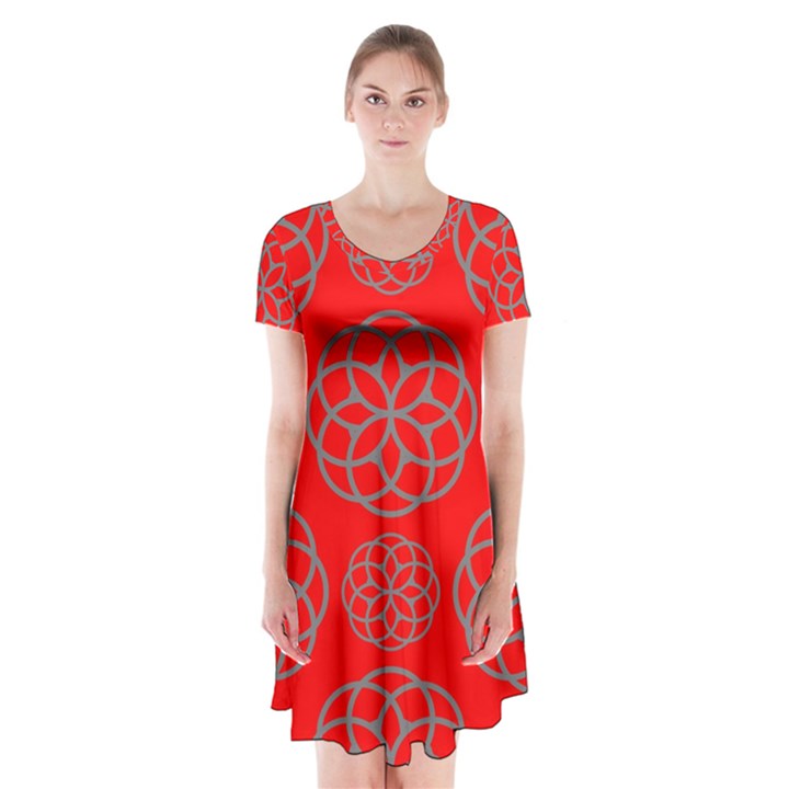 Geometric Circles Seamless Pattern On Red Background Short Sleeve V-neck Flare Dress