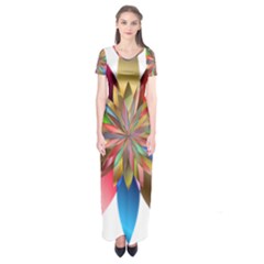 Chromatic Flower Gold Rainbow Short Sleeve Maxi Dress